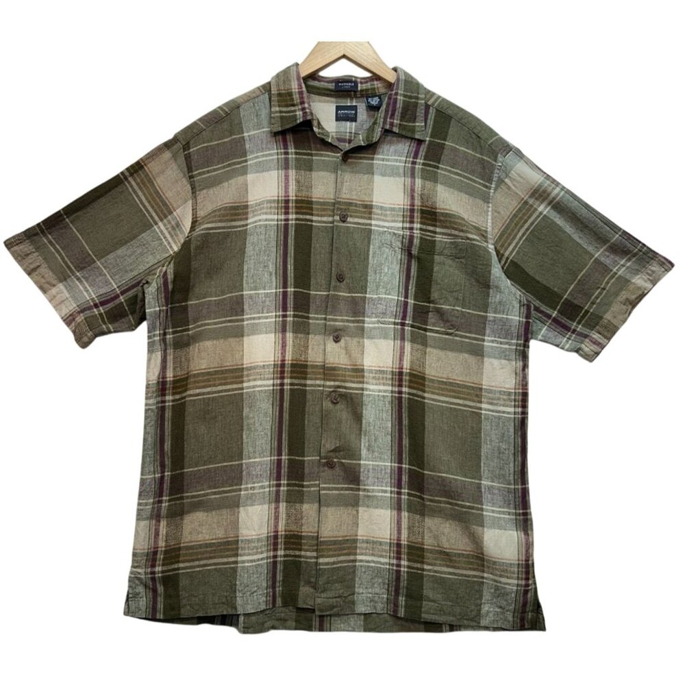 Arrow Men's Button Up Shirt Washable Linen Short Sleeve Size L Multi Windowpane